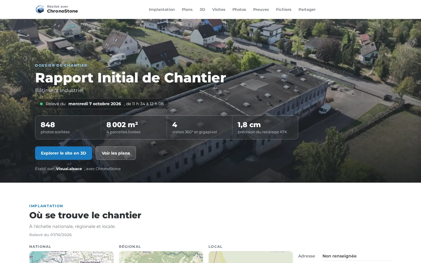Rapport Initial de Chantier : ouverture avec les chiffres clés du relevé